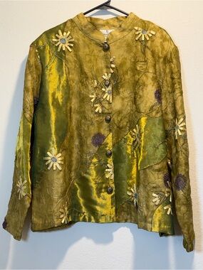 The Travel Collection Silk Jacket-Womens 1X Textured Embroidered Ribbons Vintage